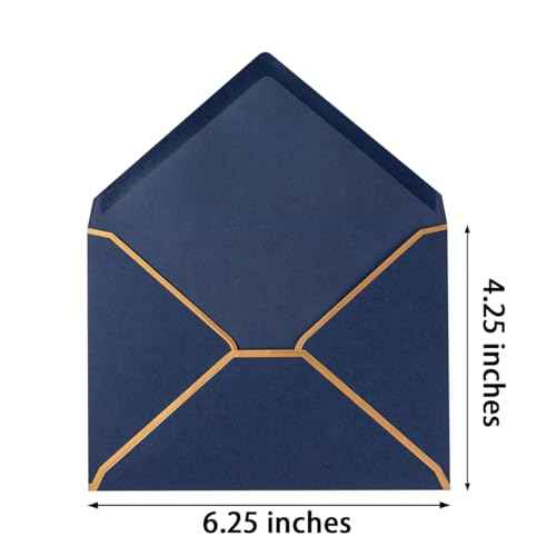 50 Pack Navy Blue A4 Envelopes 4x6 Self-Adhesive V Flap Envelopes with Gold Border for Office, Greeting Card, Wedding, Graduation, Baby Shower, Parties, Invitations (4.25x6.25 inches)
