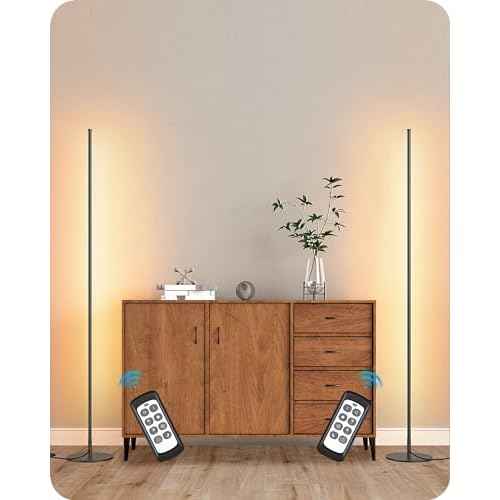 EDISHINE LED Corner Lamp, Set of 2 Minimalist Dimmable Tall Light with Remote, 57.5" Floor Lamps for Living Room, Bedroom, Home Office, 7 Color Temperature 2700-6000K (Black)