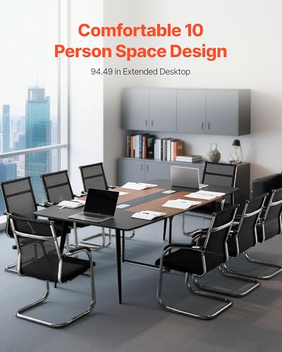 VEVOR 8 FT Boat Shaped Conference Table for 10 Persons, Modern Office Meeting Desk with Metal Legs, Black & Brown