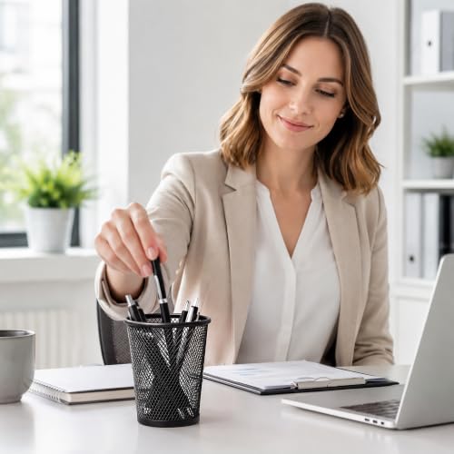 QYH Mesh Pencil Holder for Desk 6 Pack - Black Metal Cone Design