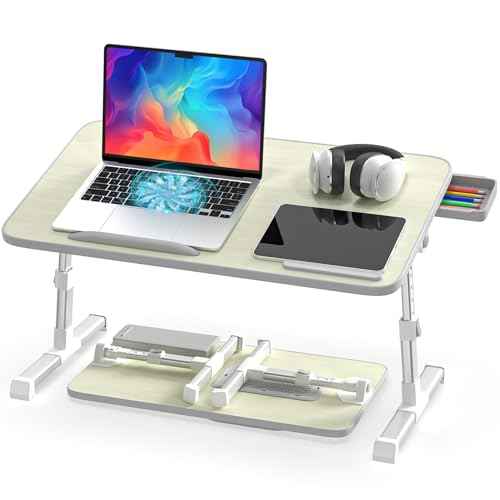 Slendor Laptop Desk Adjustable Laptop Stand Foldable Bed Table Portable Lap Desk Folding Notebook Stand Reading and Writing Holder Breakfast Tray with Drawer and Cooling Fan for Bed Couch Sofa Floor