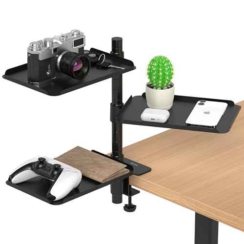 3 Tier Metal Clamp On Desk Shelf - 360¡Æ Rotatable Above/Under Table Storage, Adjustable Desktop Organizer for Home Office & Gaming, Storage Tray for Devices & Accessories