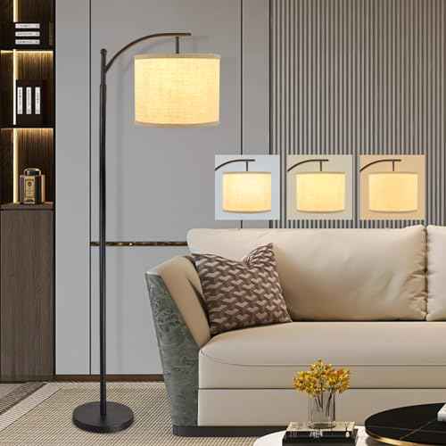 DLLT Modern Arc Floor Lamp, Farmhouse Standing Floor Lamps with Lantern Lampshade, Industrial Tall Reading Light for Bedroom Living Room Office Study, 3 Color Temperatures, Black, 8W Bulb Included