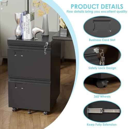 Aobabo 2 Drawer File Cabinet with Wheels, Lockable Metal Filing Cabinet with Business Card Slot for Legal/Letter Size Home Office, Required Assembled,Black