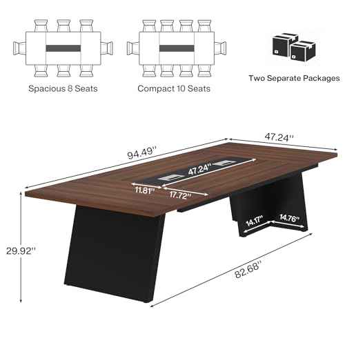 Tribesigns 8ft Conference Table, Modern Office Meeting Room Table with Cable Management, Large Business Seminar Furniture for Boardroom, Walnut and Black