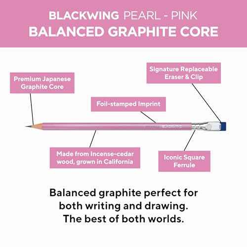 Blackwing Pearl Pencils - 12 Count, Pink Lacquer Finish, 2B Balanced Lead, Premium Wood, Japanese Graphite