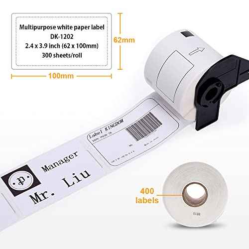 Label KINGDOM Replace DK-1202 White Paper Shipping & Postage Label, 2.4" x 3.9" (62mm x 100mm), 300 Labels Per Roll for Brother QL-800 Label Printer (8 Rolls+ 1 Frame)