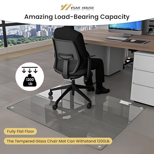 48"x31" Tempered Glass Chair Mat, Heavy Duty Glass Office Floor Mat for Carpet or Hardwood Floors, with Non-Slip Pads, Round Corner and Polished Edge, Effortless Rolling, Thick 1/5"