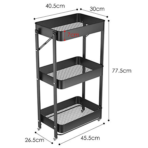 XIWODE 3 Tier Folding Metal Rolling Cart with Wheels,Black Mobile Organizer Service Cart for Kitchen Bathroom Office,No Assembly Need Trolley Shelf