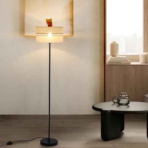 Floor Lamp with Bamboo and Linen Fabric Lampshade, Adjustable Color Temperature Floor Lamp with 6W Bulb, Boho Standing Lamp for Livingroom, Bedroom, Office