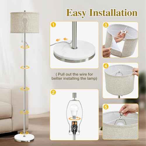 GyroVu Marble Floor Lamp, Adjustable Height Standing Lamp with Marble Base Tall Lamp with Pull Chain Switch Floor Lamps for Living Room, Bedroom & Office Bulbs Not Included(Silver)