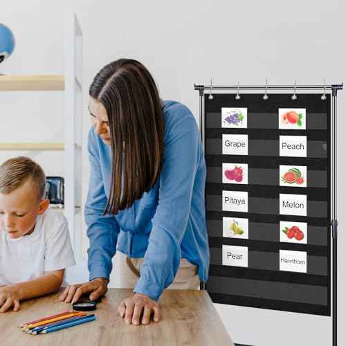 Adjustable Pocket Chart Stand Stainless Steel Expandable Chart Stand with Casters Rolling Anchor Holder with 5 Rings for Classroom Home Educational Tools, Adjustable to 63 Inch(Black)