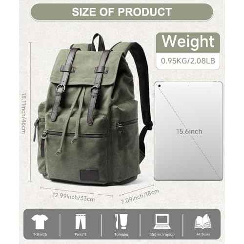 Vintage Canvas Backpack for Men Olive Green Rucksack Fit 15.6 inch Laptop Retro Flap Daypack for Casual Hiking Travel Commute