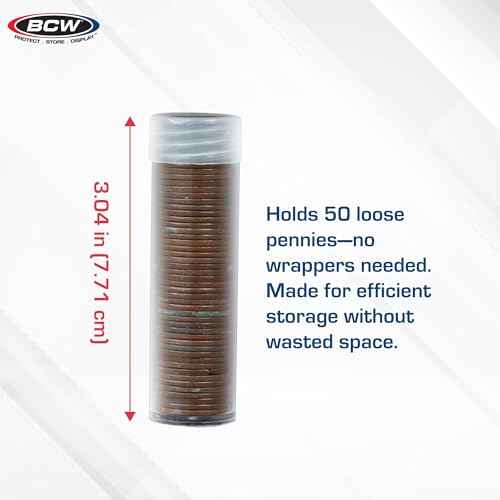 BCW Coin Tubes for US Pennies - 50ct | Holds Lincoln Penny | Durable Plastic Tube Coin Holders | Coin Collecting Supplies | Penny Coin Tubes