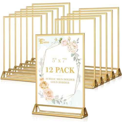 EHWINE 12 Pack Acrylic Sign Holder 5 x 7, Double Sided Gold Picture Frame Stand up Table Top Sign Holders, Clear Display Stand Menu Flyer Holder for Wedding Party (Provide Non-slip Mats)