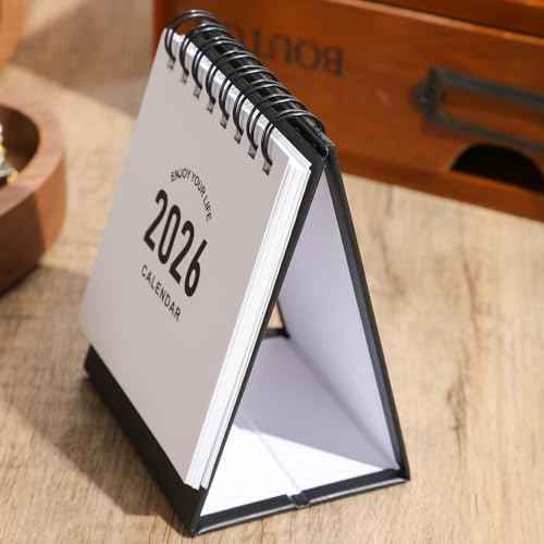 Mini Desk Calendar 2025-2026- Small Desktop Calendar Now to Dec 2026 Mini Daily Schedule Thick Paper Twin-Wire Binding with Stickers for Home Office School (Black-white)