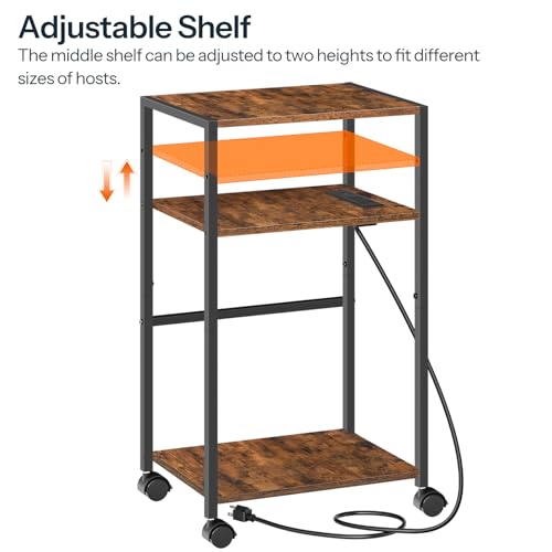 HOOBRO Computer Tower Stand, 3-Tier PC Tower Stand, PC Stand with Charging Station, Mobile CPU Stand Fits Most PC, Adjustable Shelf, for PC Tower, Printer, Home Office, Rustic Brown BF12UCJ01