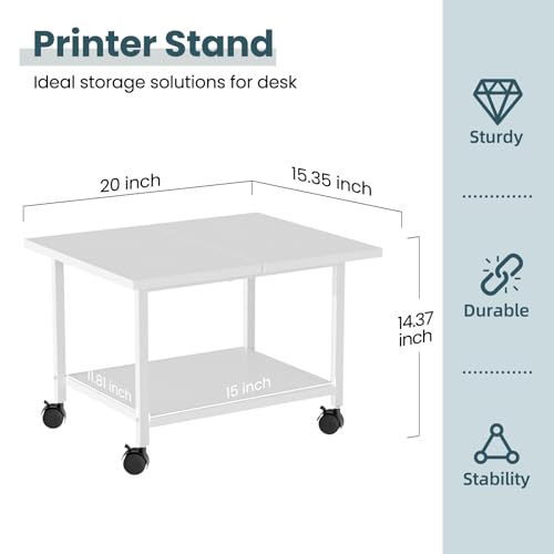 Printer Stand with Storage Under Desk Shelf, Desktop Printer Stand Organizer, Rolling Printer Cart Storage Paper Files Holder for Desk, Office, Home, (White)