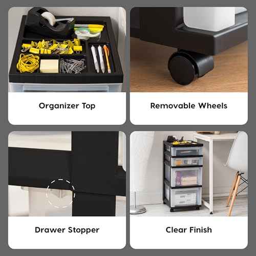 IRIS USA Plastic Drawer Storage Organizer Rolling Cart, with Wheels Casters, 4-Drawers, for Classroom Art Craft Supplies Dresser Closet Bathroom Laundry Room, Black/Clear
