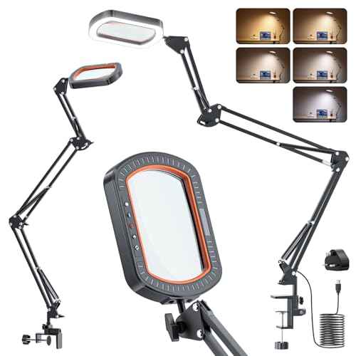 10X Rectangle Magnifying Glass with Light, 3 Arms 5 Color Modes Large Magnifying Glasses with Clamp, Lighted Desk Lamp Magnifier Hands Free for Crafts Jeweller Repair Painting Close Work Hobbies