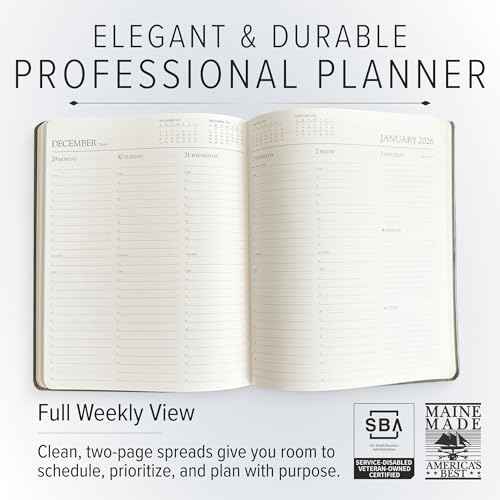 Gallery Leather Professional Weekly Monthly Planner 2026, Elegantly Bound Calendar Planner and Notebook with Stylish Gold-Gilded Page Edges, 12 Months - Acadia Black - 9 x 7 "