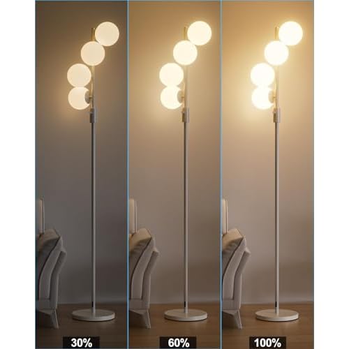 FAITHSAIL 4 Globe Mid Century Floor Lamp, Dimmable Modern Standing Lamp with PC Shade & 4pcs Warm White LED Bulbs, White Tall Tree Lamp for Living Room, Bedroom