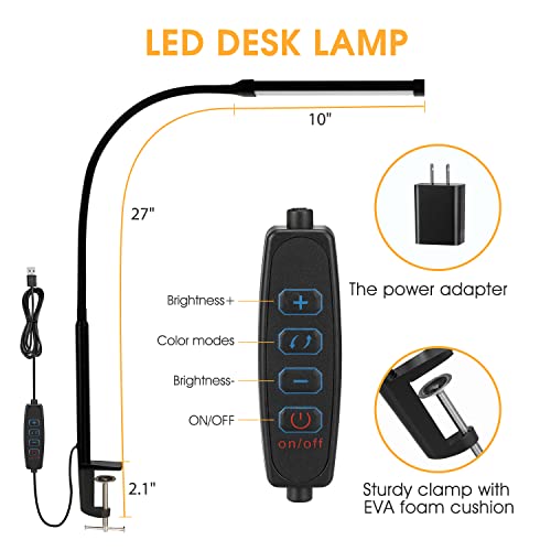 Voncerus S1 Black LED Desk Lamp with Clamp, Flexible Gooseneck, Eye-Caring Lighting