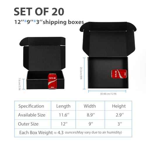 Small Shipping Boxes 12x9x3 Inches ? Black Corrugated Cardboard Boxes (20-Pack) for Mailing, Packing, Small Business & Gift Packaging - Recyclable & Sturdy