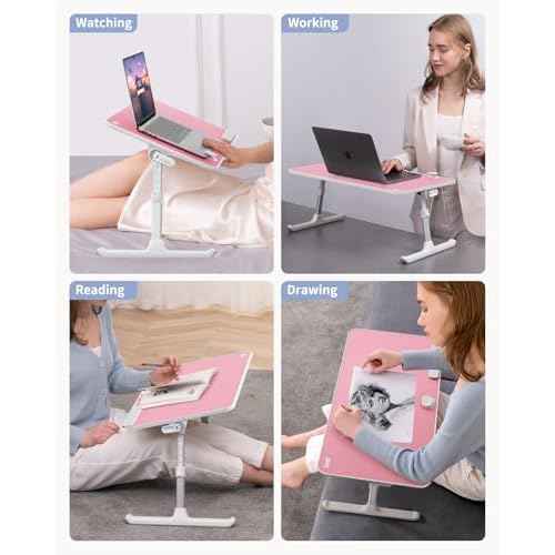 SAIJI Height & Angle Adjustable Laptop Stand for Bed, Lap Desk Bed Tray Table, Light Weight Foldable Portable Laptop Table for Couch Sofa Chair Floor Desk for Adults, Kids (Pink)