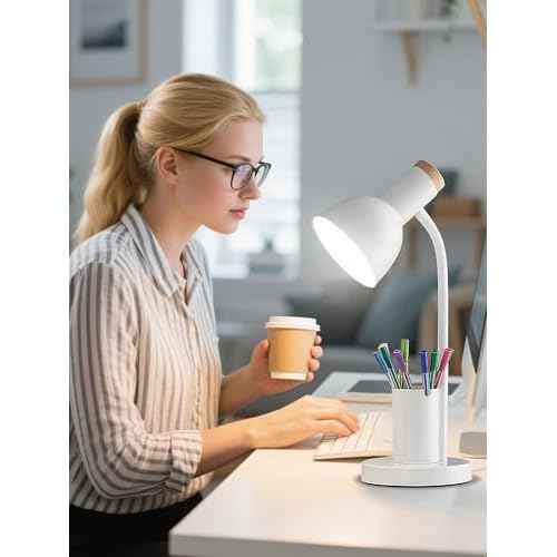 LED Desk Lamp with Pen Holder, Eye-Caring Desk Light 3 Color Modes Reading Light Flexible Gooseneck Metal Study Lamp, Cute Table Lamps for Home Office Bedside Dorm(White lamp)