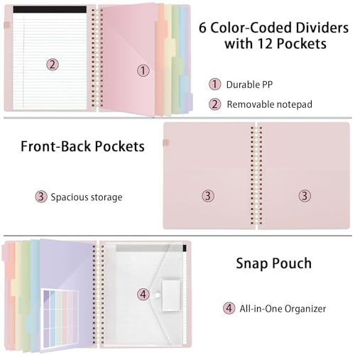 SKYDUE Pink Clipboard Folio with 6 Dividers, Refillable Notepad & Pouch Storage