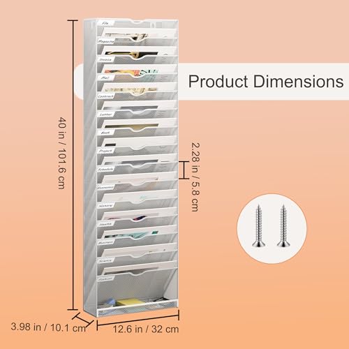 16 Tier Hanging Wall File Holder, Metal A4 Wall Mounted Document Holder, Vertical Hanging Mail Organizer, Magazine Storage Rack with Tray for Office Home Classroom, White