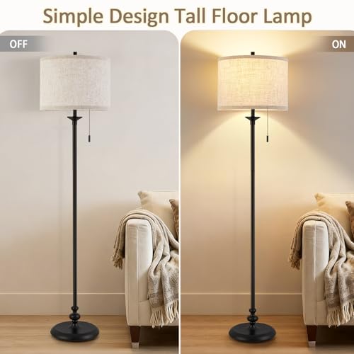 Luvkczc Black Floor Lamp, 60" Standing Lamp Tall Lamp with Fabric Lampshade&Pull Chain Corner Floor Lamps for Living Room, Bedroom & Office Bulbs Not Included