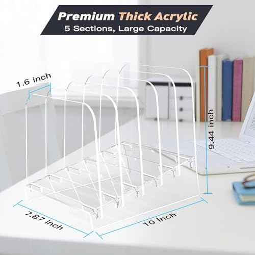 File Holder File Sorter, Vertical File Organizer for Desk, Desk Top File Folder Organizer Stand, Acrylic File Rack File Folder Holder, 5 Sections Clear File Stand for Office, School, Home