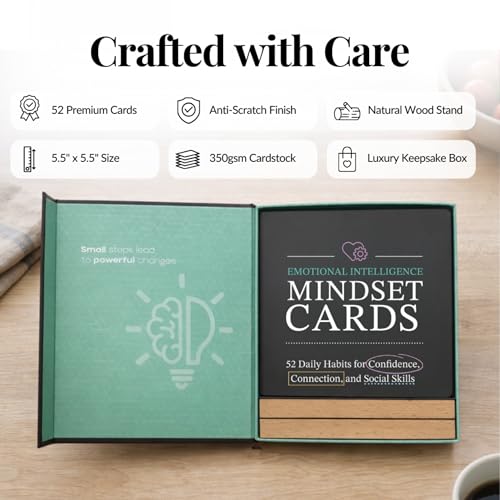 Emotional Intelligence Mindset Cards – 52 Daily Habits for Confidence & Connection – Includes Wooden Display Stand – For Kids, Teens & Adults – Standard Variation