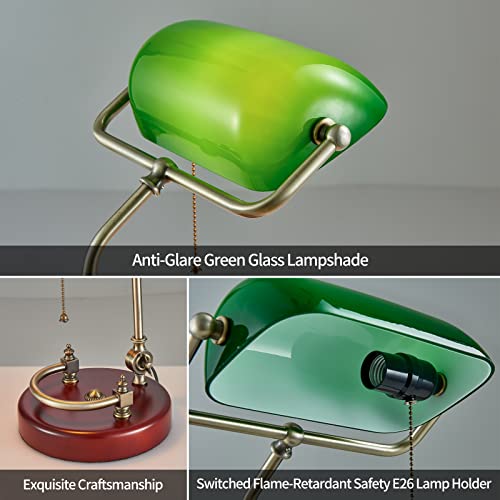 Bankers Lamp, Traditional Green Desk Lamp with Solid Birch Wood Base, Green Glass Antique Library Lamp with Pull Chain Switch, Plug in Vintage Bankers Desk Lamp for Office, Study Room ¡¼E26 Socket¡½
