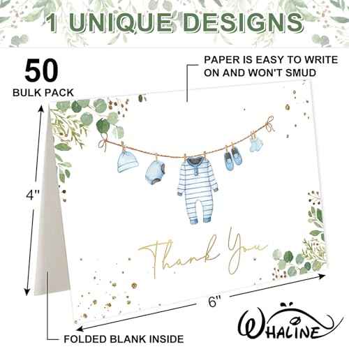 Whaline 50 Pack Baby Shower Thank You Cards Boxed Blue Cloth Note Card with Envelopes Stickers Greeting Blank Cards for Boy Birthday Baby Shower