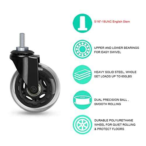 Hirate 5 Pack Office Chair Casters Wheel with 5/16"-18UNC Threaded Stem, 3" Soft Swivel Stem Gaming Chairs Casters Replacement Smooth Rolling Safe for Hardwood Tile Floors