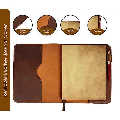 Brown Leather Journal Cover, Distressed XL Journal 7.5x9.75 Handmade Leather Notebook Bible Cover Travelers Notebook Refillable Planner B5 Composition Notebook Holder