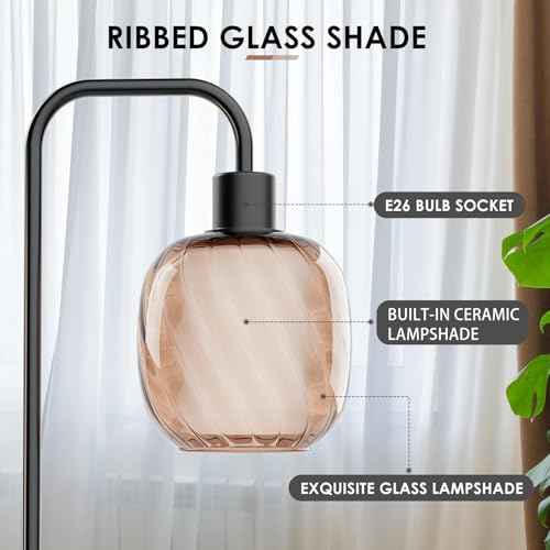 Glass Floor Lamps for Living Room, Modern Standing Lamp with Ceramic & Champagne Gold Ribbed Glass Lampshade, Pedal Switch, 65" Black Industrial Floor Lamp for Bedroom Study Room (with LED Bulb)