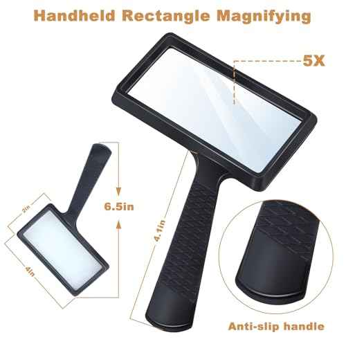 5X Rectangle Reading Magnifier, Large Handheld Magnifying Glass Scratch Resistant Glass Lens Seniors Reading, Hobbies, Repair, Observation(Black)