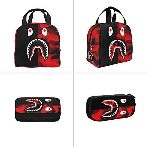 Backpack Shark Teeth Camo Backpacks Set with Lunch Box Pencil Case Travel Laptop Daypack Big Capacity Bookbag Fashion Durable Back Pack StyleSH