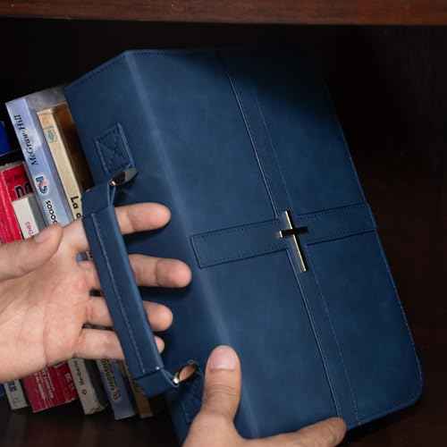 Bible Case, Vibrant & Inspiring Bible Cover, with Romans 8:31 Bookmark, Blue Bible Cover Case for Women or Men, Elegant Bible Bag, Durable Leather Book Cover