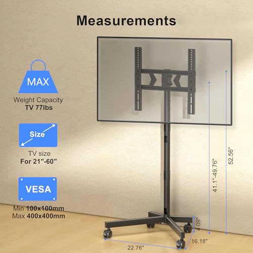 Mobile TV Stand with Wheels for Most 21-60 Inch Flat/Curved Screens TVs, Height Adjustable Rolling TV Cart, up to 77 lbs, Max VESA 400x400, ML55SE