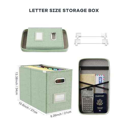 Oterri File Organizer Box with Lid, Hanging Filing File Box with Mesh Pocket, Document Organizer Box for Letter Files, Portable Storage Box(1 PCS, Green)