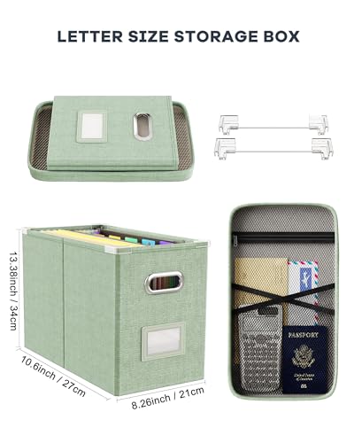 Oterri Green File Organizer Box with Lid, Mesh Pocket & Handles, Letter Size, Portable Storage