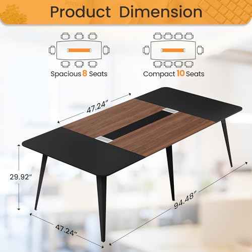 Furmax 8FT Conference Table, 94.48¡± Meeting Seminar Table with Cable Grommets, Boardroom Table Workstation for Meeting Room, Office Conference (Black & Walnut)