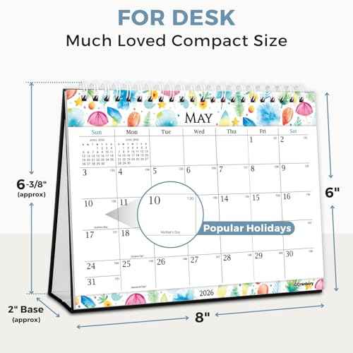 CRANBURY Small Desk Calendar 2025-2026, Standing Flip 8x6", (Seasons) Use Now to Dec 2026, Compact Stand-Up Desktop Calendar with Large Squares, Notes Section, Includes 234 Stickers