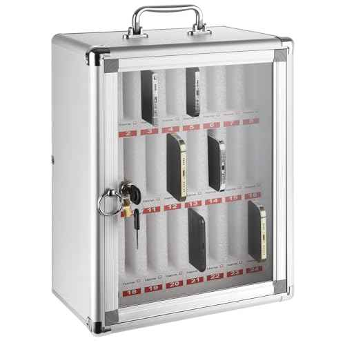Aluminum Cell Phone Lock Box with Key 24 Slots Aluminum Alloy Pocket Chart Storage Cabinet for Cell Phone Locker Wall-Mounted Cell Phone Box Cell Phone Storage Cell Phone Jail for Office