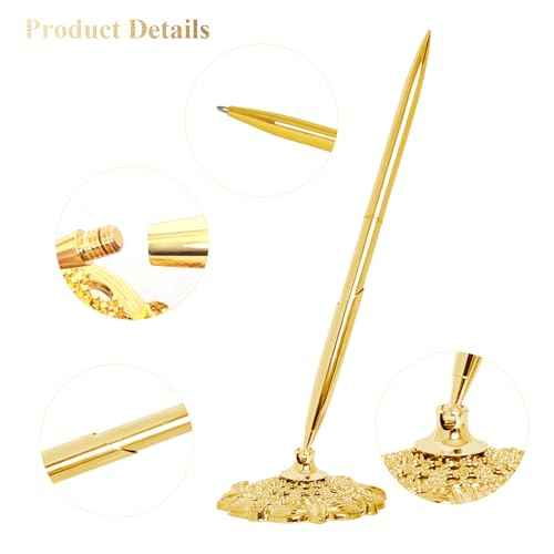 2 Pcs Gold Hollow Round Pen Holder Metal Pen Stand Holder Set Signing Pen Set Signing Desk Ballpoint Pens for Guest Book Wedding Birthday Party Graduation Teacher Office Business